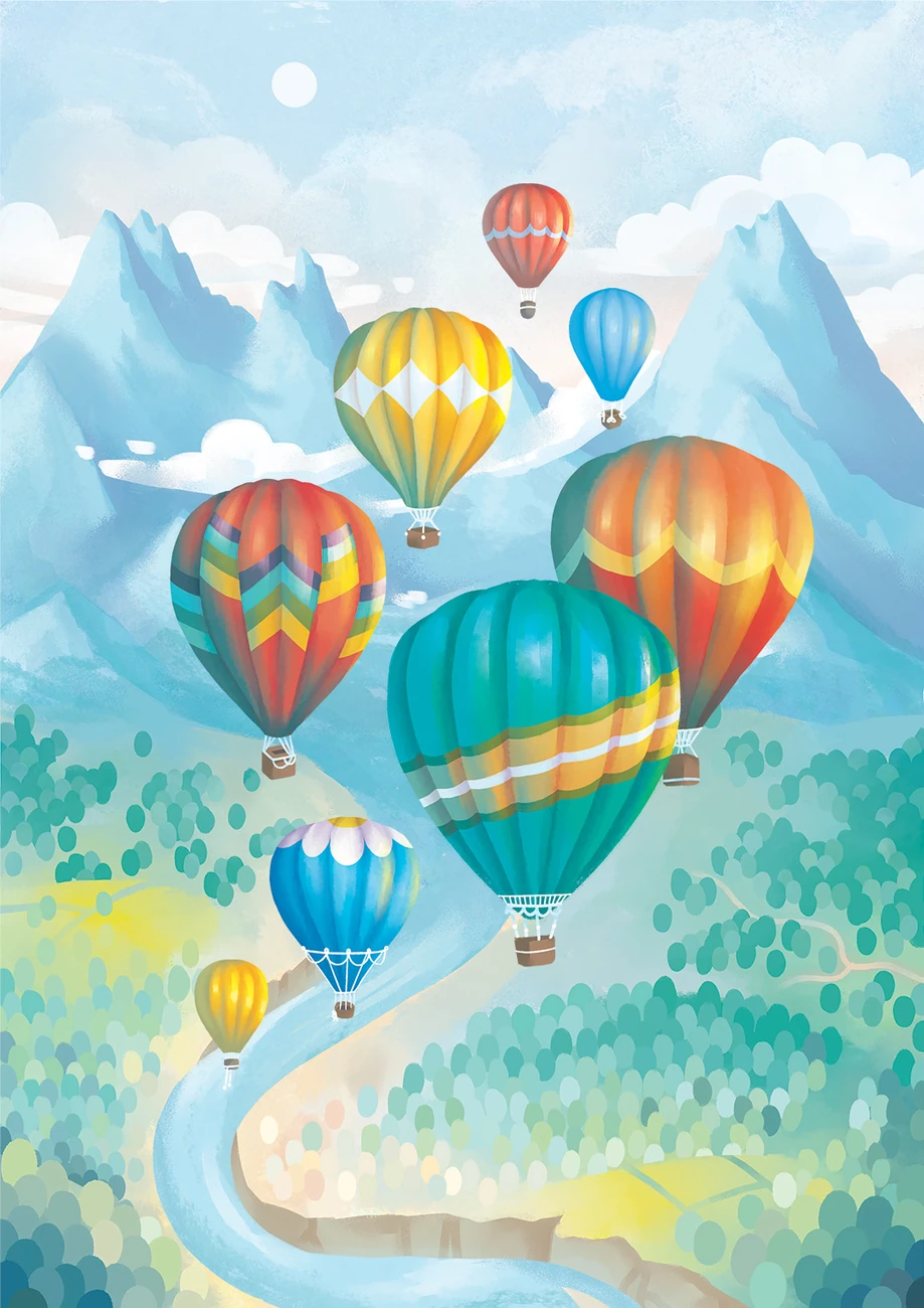 Colourful hot air balloons over a landscape