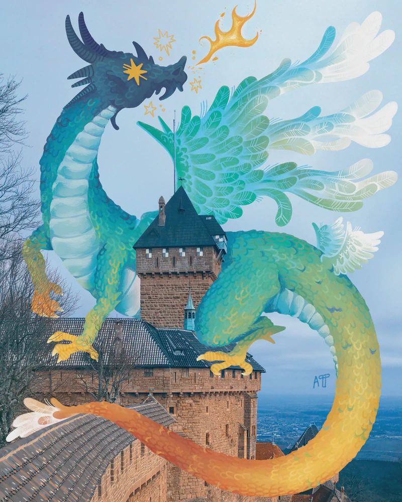 Dragon drawn on the photo of Haut-Koenigsbourg castle